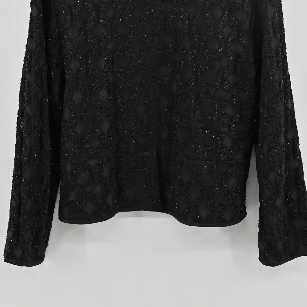 Chicos Beaded‎ Diamond Lattice Blazer Womens Size 2 L Black Cotton Formal Jacket